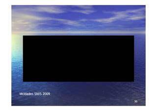 Dadosfinanceirosdos prestadoresde serviços participantes
                        do S 2009
                            NIS

  Receita operacional Despesa Total   Tarifa média   Despesa Média
  total (R$ milhões) (R milhões
                       $        )     (R m³)
                                        $/           (R$/ m³)



       29.299              26.927          2,03            1,98



Mcidades SNIS 2009

                                                                     30
 