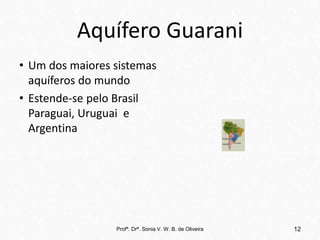 Aquífero Guarani
• Um dos maiores sistemas
aquíferos do mundo
• Estende-se pelo Brasil
Paraguai, Uruguai e
Argentina
12
Profª. Drª. Sonia V. W. B. de Oliveira
 