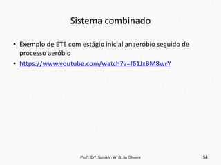 Sistema combinado
• Exemplo de ETE com estágio inicial anaeróbio seguido de
processo aeróbio
• https://www.youtube.com/watch?v=f61JxBM8wrY
Profª. Drª. Sonia V. W. B. de Oliveira 54
 