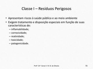 Classe I – Resíduos Perigosos
• Apresentam riscos à saúde pública e ao meio ambiente
• Exigem tratamento e disposição especiais em função de suas
características de:
– inflamabilidade;
– corrosividade;
– reatividade;
– toxicidade;
– patogenicidade.
Profª. Drª. Sonia V. W. B. de Oliveira 70
 