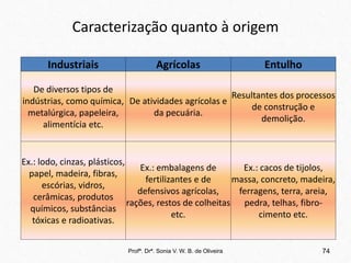 Caracterização quanto à origem
Profª. Drª. Sonia V. W. B. de Oliveira 74
Industriais Agrícolas Entulho
De diversos tipos de
indústrias, como química,
metalúrgica, papeleira,
alimentícia etc.
De atividades agrícolas e
da pecuária.
Resultantes dos processos
de construção e
demolição.
Ex.: lodo, cinzas, plásticos,
papel, madeira, fibras,
escórias, vidros,
cerâmicas, produtos
químicos, substâncias
tóxicas e radioativas.
Ex.: embalagens de
fertilizantes e de
defensivos agrícolas,
rações, restos de colheitas
etc.
Ex.: cacos de tijolos,
massa, concreto, madeira,
ferragens, terra, areia,
pedra, telhas, fibro-
cimento etc.
 
