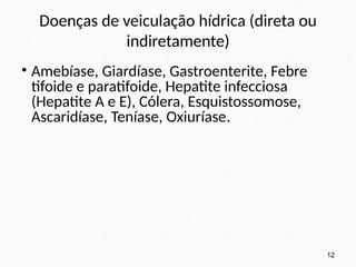 Doenças de veiculação hídrica (direta ou
indiretamente)
• Amebíase, Giardíase, Gastroenterite, Febre
tifoide e paratifoide, Hepatite infecciosa
(Hepatite A e E), Cólera, Esquistossomose,
Ascaridíase, Teníase, Oxiuríase.
12
 