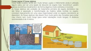 Fossas negras X Fossas sépticas
Fossa Negra acabou sendo por muito tempo usada e infelizmente ainda é utilizada
alguns casos, por ser uma opção de descarte do esgoto mais "econômica", porém
apenas econômica inicialmente e de forma digamos muito ordinária e incorreta.
As fossas sépticas são unidades de tratamento primário de esgoto doméstico nas
são feitas a separação e transformação da matéria sólida contida no esgoto.
consistem basicamente em uma caixa impermeável onde os esgotos domésticos se
depositam. As fossas sépticas não devem ficar muito perto das moradias (para evitar
mau cheiro) nem muito longe (para evitar tubulações muito longas). A distância
recomendada é de 4 metros.
 