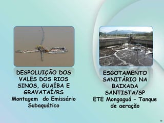 19
ESGOTAMENTO
SANITÁRIO NA
BAIXADA
SANTISTA/SP
ETE Mongaguá – Tanque
de aeração
DESPOLUIÇÃO DOS
VALES DOS RIOS
SINOS, GUAÍBA E
GRAVATAÍ/RS
Montagem do Emissário
Subaquático
 