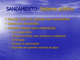 SANEAMENTO: Sistema públicoGrandes redes de captação nas ruas públicasSistema de elevatóriasGrandes espaços para implantação:Caixa separadoraTanques aeróbios, com aeradores e batedoresCentrífugas Tanques de decantaçãoDispersão em grandes volumes de água