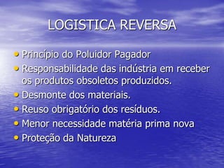 LOGISTICA REVERSAPrincípio do Poluidor PagadorResponsabilidade das indústria em receber os produtos obsoletos produzidos.Desmonte dos materiais.Reuso obrigatório dos resíduos.Menor necessidade matéria prima novaProteção da Natureza