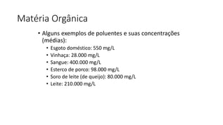 Matéria Orgânica
• Alguns exemplos de poluentes e suas concentrações
(médias):
• Esgoto doméstico: 550 mg/L
• Vinhaça: 28.000 mg/L
• Sangue: 400.000 mg/L
• Esterco de porco: 98.000 mg/L
• Soro de leite (de queijo): 80.000 mg/L
• Leite: 210.000 mg/L
 