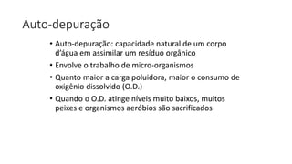 Auto-depuração
• Auto-depuração: capacidade natural de um corpo
d’água em assimilar um resíduo orgânico
• Envolve o trabalho de micro-organismos
• Quanto maior a carga poluidora, maior o consumo de
oxigênio dissolvido (O.D.)
• Quando o O.D. atinge níveis muito baixos, muitos
peixes e organismos aeróbios são sacrificados
 