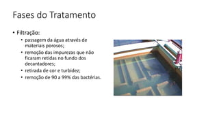 Fases do Tratamento
• Filtração:
• passagem da água através de
materiais porosos;
• remoção das impurezas que não
ficaram retidas no fundo dos
decantadores;
• retirada de cor e turbidez;
• remoção de 90 a 99% das bactérias.
 
