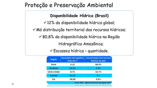 Proteção e Preservação Ambiental
69
Disponibilidade Hídrica (Brasil)
12% da disponibilidade hídrica global;
Má distribuição territorial dos recursos hídricos;
80,8% da disponibilidade hídrica na Região
Hidrográfica Amazônica;
Escassez hídrica – quantidade.
 