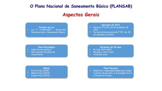 O Plano Nacional de Saneamento Básico (PLANSAB)
Aspectos Gerais
Previsto em Lei
 Lei nº 11.445/2007 - Diretrizes
Nacionais para o Saneamento Básico
Aprovado em 2013
 Decreto nº 8.141, 20 de novembro de
2013
 Portaria Interministerial nº 571, de 05
de dezembro de 2013
Plano Estratégico
 Visão técnico-política
 Não somente um plano de
investimento
Horizonte de 20 anos
 Período 2014-2033
 Revisão a cada 4 anos
 Avaliação anual
Metas
 Curto Prazo (2018)
 Médio Prazo (2023)
 Longo Prazo (2033)
Plano Nacional
 Desafios e responsabilidades para todos
os Entes de Governo, A Sociedade Civil e
a Iniciativa Privada
 