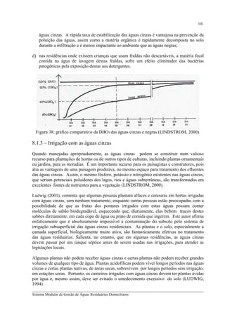 101

águas cinzas. A rápida taxa de estabilização das águas cinzas é vantajosa na prevenção da
poluição das águas, assim como a matéria orgânica é rapidamente decomposta no solo
durante a infiltração e é menos impactante ao ambiente que as águas negras;
d) nas residências onde existem crianças que usam fraldas não descartáveis, a matéria fecal
contida na água de lavagem destas fraldas, sofre um efeito eliminador das bactérias
patogênicas pela exposição destas aos detergentes.

Figura 38: gráfico comparativo da DBO5 das águas cinzas e negras (LINDSTROM, 2000).

8.1.3 – Irrigação com as águas cinzas
Quando manejadas apropriadamente, as águas cinzas podem se constituir num valioso
recurso para plantações de hortas ou de outros tipos de culturas, incluindo plantas ornamentais
ou jardins, para as moradias. É um importante recurso para os paisagistas e construtores, pois
alia as vantagens de uma paisagem produtiva, no mesmo espaço para tratamento dos efluentes
das águas cinzas. Assim, o mesmo fósforo, potássio e nitrogênio existentes nas águas cinzas,
que seriam potenciais poluidores dos lagos, rios e águas subterrâneas, são transformados em
excelentes fontes de nutrientes para a vegetação (LINDSTROM, 2000).
Ludwig (2001), comenta que algumas pessoas plantam alfaces e cenouras em hortas irrigadas
com águas cinzas, sem nenhum tratamento, enquanto outras pessoas estão preocupadas com a
possibilidade de que as frutas dos pomares irrigados com estas águas possam conter
moléculas de sabão biodegradável, esquecendo que, diariamente, elas bebem traços destes
sabões diretamente, em cada copo de água ou prato de comida que ingerem. Este autor afirma
enfaticamente que é absolutamente impossível a contaminação do subsolo pelo sistema de
irrigação subsuperficial das águas cinzas residenciais. As plantas e o solo, especialmente a
camada superficial, biologicamente muito ativa, são fantasticamente efetivas no tratamento
das águas residuárias. Salienta, no entanto, que em algumas residências, as águas cinzas
devem passar por um tanque séptico antes de serem usadas nas irrigações, para atender as
legislações locais.
Algumas plantas não podem receber águas cinzas e certas plantas não podem receber grandes
volumes de qualquer tipo de água. Plantas acidofílicas podem viver longos períodos nas águas
cinzas e certas plantas nativas, de áreas secas, sobrevivem por longos períodos sem irrigação,
em estações secas. Portanto, os canteiros irrigados com águas cinzas devem ter plantas ávidas
por água e, mesmo assim, deve ser evitado o umedecimento excessivo do solo (LUDWIG,
1994).
__________________________________________________________________________________________
Sistema Modular de Gestão de Águas Residuárias Domiciliares

 