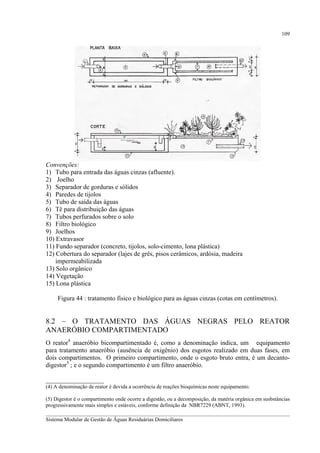 109

Convenções:
1) Tubo para entrada das águas cinzas (afluente).
2) Joelho
3) Separador de gorduras e sólidos
4) Paredes de tijolos
5) Tubo de saída das águas
6) Tê para distribuição das águas
7) Tubos perfurados sobre o solo
8) Filtro biológico
9) Joelhos
10) Extravasor
11) Fundo separador (concreto, tijolos, solo-cimento, lona plástica)
12) Cobertura do separador (lajes de grês, pisos cerâmicos, ardósia, madeira
impermeabilizada
13) Solo orgânico
14) Vegetação
15) Lona plástica
Figura 44 : tratamento físico e biológico para as águas cinzas (cotas em centímetros).

8.2 – O TRATAMENTO DAS ÁGUAS NEGRAS PELO REATOR
ANAERÓBIO COMPARTIMENTADO
O reator4 anaeróbio bicompartimentado é, como a denominação indica, um equipamento
para tratamento anaeróbio (ausência de oxigênio) dos esgotos realizado em duas fases, em
dois compartimentos. O primeiro compartimento, onde o esgoto bruto entra, é um decantodigestor5 ; e o segundo compartimento é um filtro anaeróbio.
__________________
(4) A denominação de reator é devida a ocorrência de reações bioquímicas neste equipamento.
(5) Digestor é o compartimento onde ocorre a digestão, ou a decomposição, da matéria orgânica em susbstâncias
progressivamente mais simples e estáveis, conforme definição da NBR7229 (ABNT, 1993).
__________________________________________________________________________________________
Sistema Modular de Gestão de Águas Residuárias Domiciliares

 