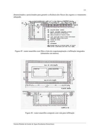 121

dimensionados e posicionados para garantir a eficiência dos fluxos dos esgotos e o tratamento
adequado.

Figura 45 : reator anaeróbio com filtro e leito de evapotranspiração e infiltração integrados
(dimensões em metros).

Figura 46 : reator anaeróbio composto com vala para infiltração

__________________________________________________________________________________________
Sistema Modular de Gestão de Águas Residuárias Domiciliares

 