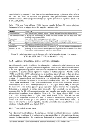 136

como indicador ocorra em 15 dias. Por motivos similares aos que explicam a sobrevivência
dos vírus nos solos, as bactérias que penetrem mais profundamente terão maiores
probabilidades de sobreviver por mais tempo que aquelas próximas da superfície (FOSTER
& DRASAR, 1988).
Gerba (1979), apud Foster e Drasar (1988), elaborou o quadro da figura 50, com os principais
fatores que influem na sobrevivência das bactérias e vírus no solo:
FATOR

EFEITOS

Grau de umidade
Maior sobrevivência em solos úmidos e durante períodos de alta precipitação pluvial.
Capacidade de retenção O período de sobrevivência é menor em solos arenosos, que em solos com maior
capacidade para reter a umidade.
Temperatura
Maior sobrevivência em temperaturas mais baixas.
Adsorção
Ao serem adsorvidos no solo, os vírus têm prolongada a sua sobrevivência.
PH
O período de sobrevivência das bactérias é menor nos solos ácidos que nos alcalinos.
Luz solar
Menor período de sobrevivência na superfície do solo.
Antagonismo
da Maior sobrevivência no solo estéril; a mircoflora do solo e as bactérias competem pelos
microflora no solo
nutrientes; os microrganismos aeróbicos do solo afetam adversamente a sobrevivência dos
vírus, embora os microrganismos anaeróbios não a afetem.

Figura 50 : principais fatores que influem na sobrevivência das bactérias e vírus no solo.
(GERBA, 1979, apud FOSTER & DRASAR, 1988).

8.3.5 – Ação dos efluentes de esgotos sobre as oligoquetas
As minhocas são grandes benfeitoras do solo orgânico, melhorando principalmente as suas
propriedades físicas. A presença da matéria orgânica é essencial para o seu desenvolvimento
e, por isso, a preferência por solos com elevadas concentrações desse material. Conforme já
foi relatado, os esgotos contêm expressivas parcelas de matéria orgânica. Pallant e Hillste
(1966), apud Bettiol (2000), observaram que as minhocas desenvolveram-se bem em áreas
onde biossólidos (lodos dos esgotos) foram aplicados e estimularam o crescimento dos
vegetais. A concentração de matéria orgânica, pela aplicação dos biossólidos aumentou a
densidade e a biomassa das minhocas em área cultivada (Edwards e Lofty, 1982; Hamilton e
Dindal, 1989, apud Betiol, 2000), ocasionando intensas atividades de escavações no solo,
aumentando os fluxos de O2 e CO2 (Stevenson et al., 1984, apud Bettiol, 2000). A aplicação
de biossólidos com metais pesados pode ocasionar efeitos nocivos nas oligoquetas,
destacando-se o acúmulo de metais nelas observado. Foi constatado que as minhocas
acumulam Cd, Cu, Pb e Zn em concentrações mais elevadas que aquelas encontradas em
solos onde os biossólidos foram aplicados (Pietz et al., 1984; Kruse e Barret, 1985; Levine
et al., 1989; Benninger-Truax e Taylor, 1993, apud Bettiol, 2000). Em parcelas com
aplicações de biossólidos durante onze anos, as minhocas apresentaram concentrações de
cádmio 105 vezes maiores que o solo (Brewer e Barret, 1995, apud Bettiol, 2000). A
minhoca não excreta os metais ingeridos, eles são acumulados nas suas glândulas e sacos
calcíferos (Schrader, 1992, apud Bettiol, 2000).

8.4.6 - Características dos solos
Para o desenvolvimento adequado da vegetação, o principal constituinte dos solos é a matéria
orgânica, que é constituída de organismos vivos, de seus resíduos e, principalmente, de seus
produtos de decomposição. Os produtos de decomposição nos quais não é mais possível
__________________________________________________________________________________________
Luiz Augusto dos Santos Ercole – Dissertação de Mestrado – Porto Alegre: PPGEC/UFRGS, 2003

 