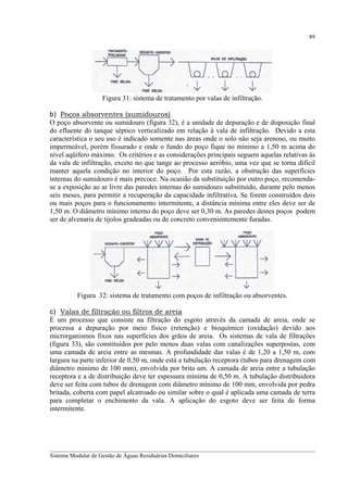 89

Figura 31: sistema de tratamento por valas de infiltração.
b) Poços absorventes (sumidouros)
O poço absorvente ou sumidouro (figura 32), é a unidade de depuração e de disposição final
do efluente do tanque séptico verticalizado em relação à vala de infiltração. Devido a esta
característica o seu uso é indicado somente nas áreas onde o solo não seja arenoso, ou muito
impermeável, porém fissurado e onde o fundo do poço fique no mínimo a 1,50 m acima do
nível aqüífero máximo. Os critérios e as considerações principais seguem aquelas relativas às
da vala de infiltração, exceto no que tange ao processo aeróbio, uma vez que se torna difícil
manter aquela condição no interior do poço. Por esta razão, a obstrução das superfícies
internas do sumidouro é mais precoce. Na ocasião da substituição por outro poço, recomendase a exposição ao ar livre das paredes internas do sumidouro substituído, durante pelo menos
seis meses, para permitir a recuperação da capacidade infiltrativa. Se forem construídos dois
ou mais poços para o funcionamento intermitente, a distância mínima entre eles deve ser de
1,50 m. O diâmetro mínimo interno do poço deve ser 0,30 m. As paredes destes poços podem
ser de alvenaria de tijolos gradeadas ou de concreto convenientemente furadas.

Figura 32: sistema de tratamento com poços de infiltração ou absorventes.
c) Valas de filtração ou filtros de areia
É um processo que consiste na filtração do esgoto através da camada de areia, onde se
processa a depuração por meio físico (retenção) e bioquímico (oxidação) devido aos
microrganismos fixos nas superfícies dos grãos de areia. Os sistemas de vala de filtrações
(figura 33), são constituídos por pelo menos duas valas com canalizações superpostas, com
uma camada de areia entre as mesmas. A profundidade das valas é de 1,20 a 1,50 m, com
largura na parte inferior de 0,50 m, onde está a tubulação receptora (tubos para drenagem com
diâmetro mínimo de 100 mm), envolvida por brita um. A camada de areia entre a tubulação
receptora e a de distribuição deve ter espessura mínima de 0,50 m. A tubulação distribuidora
deve ser feita com tubos de drenagem com diâmetro mínimo de 100 mm, envolvida por pedra
britada, coberta com papel alcatroado ou similar sobre o qual é aplicada uma camada de terra
para completar o enchimento da vala. A aplicação do esgoto deve ser feita de forma
intermitente.

__________________________________________________________________________________________
Sistema Modular de Gestão de Águas Residuárias Domiciliares

 