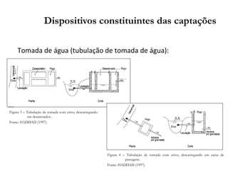 Tomada de água (tubulação de tomada de água):
Dispositivos constituintes das captações
Figura 3 – Tubulação de tomada com crivo, descarregando
em desarenador..
Fonte: HADDAD (1997).
Figura 4 – Tubulação de tomada com crivo, descarregando em caixa de
passagem.
Fonte: HADDAD (1997).
 