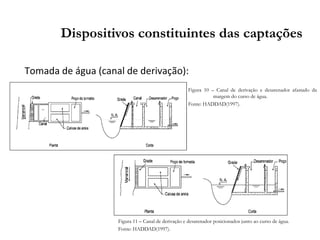 Tomada de água (canal de derivação):
Dispositivos constituintes das captações
Figura 10 – Canal de derivação e desarenador afastado da
margem do curso de água.
Fonte: HADDAD(1997).
Figura 11 – Canal de derivação e desarenador posicionados junto ao curso de água.
Fonte: HADDAD(1997).
 