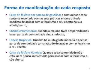 Forma de manifestação de cada resposta
 Caixa de fósforo em bomba de gasolina: a comunidade toda
  sente-se revoltada com as suas práticas e toma atitude
  imediata de acabar com o fecalismo a céu aberto na sua
  aldeia/bairro;
 Chamas Promissoras: quando a maioria tiver despertado mas
  haver parte da comunidade ainda indecisa;
 Faíscas Dispersas: Quando há muita gente indecisa e apenas
  parte da comunidade toma atitude de acabar com o fecalismo
  a céu aberto;
 Caixa de fósforo Húmido: Quando toda comunidade não
  está, nem pouco, interessada para acabar com o fecalismo a
  céu aberto.

                                                               16
 