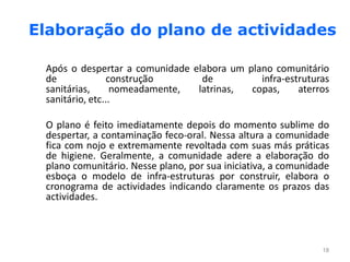 Elaboração do plano de actividades

 Após o despertar a comunidade elabora um plano comunitário
 de             construção       de          infra-estruturas
 sanitárias,      nomeadamente, latrinas,  copas,     aterros
 sanitário, etc...

 O plano é feito imediatamente depois do momento sublime do
 despertar, a contaminação feco-oral. Nessa altura a comunidade
 fica com nojo e extremamente revoltada com suas más práticas
 de higiene. Geralmente, a comunidade adere a elaboração do
 plano comunitário. Nesse plano, por sua iniciativa, a comunidade
 esboça o modelo de infra-estruturas por construir, elabora o
 cronograma de actividades indicando claramente os prazos das
 actividades.



                                                               18
 