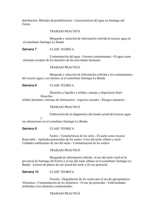 distribución­ Métodos de potabilización ­ Características del agua en Santiago del 
Estero. 
TRABAJO PRACTICO 
Búsqueda y selección de información referida al recurso agua en 
el conurbano Santiago­La Banda. 
Semana 7  CLASE TEORICA 
Contaminación del agua ­ Fuentes contaminantes ­ El agua como 
elemento receptor de los desechos de las actividades humanas. 
TRABAJO PRACTICO 
Búsqueda y selección de información referida a los contaminantes 
del recurso agua y sus fuentes en el conurbano Santiago­La Banda 
Semana 8  CLASE TEORICA 
Desechos y líquidos y sólidos, manejo y disposición final ­ 
Desechos 
sólidos humanos, sistemas de eliminación ­ Aspectos sociales ­ Riesgos sanitarios. 
TRABAJO PRACTICO 
Elaboración de un diagnóstico del estado actual del recurso agua 
y 
sus alteraciones en el conurbano Santiago­La Banda. 
Semana 9  CLASE TEORICA 
Suelos ­ Características de los selos ­ El suelo como recurso 
Renovable ­ Aptitudes potenciales de los suelos ­Usos del suelo urbano y rural ­ 
Unidades ambientales de uso del suelo ­ Contaminación de los suelos­ 
TRABAJO PRACTICO 
Búsqueda de información referida  al uso del suelo rural en la 
provincia de Santiago del Estero y al uso del suelo urbano en el conurbano Santiago­La 
Banda ­ Lectura de planos de uso actual del suelo y de uso potencial 
Semana 10  CLASE TEORICA 
Erosión ­ Degradación de los suelos por el uso de agroquímicos­ 
Alimentos ­ Contaminación de los alimentos ­ El uso de pesticidas ­ Enfermedades 
atribuidas a los alimentos contaminados. 
TRABAJO PRACTICO
 