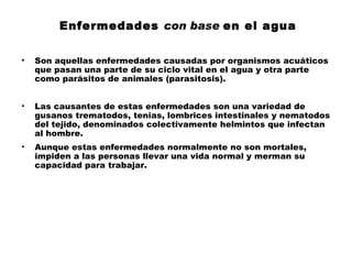 Enfermedades con base en el agua

•   Son aquellas enfermedades causadas por organismos acuáticos
    que pasan una parte de su ciclo vital en el agua y otra parte
    como parásitos de animales (parasitosis).


•   Las causantes de estas enfermedades son una variedad de
    gusanos trematodos, tenias, lombrices intestinales y nematodos
    del tejido, denominados colectivamente helmintos que infectan
    al hombre.
•   Aunque estas enfermedades normalmente no son mortales,
    impiden a las personas llevar una vida normal y merman su
    capacidad para trabajar.
 