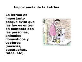 Impor tancia de la Letrina

La letrina es
importante
porque evita que
las heces entren
en contacto con
las personas,
animales
domésticos y
vectores
(moscas,
cucarachas,
ratas, etc).
 