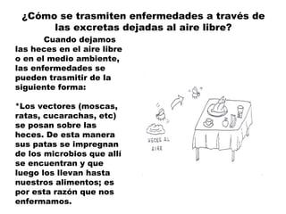 ¿Cómo se trasmiten enfermedades a través de
      las excretas dejadas al aire libre?
       Cuando dejamos
las heces en el aire libre
o en el medio ambiente,
las enfermedades se
pueden trasmitir de la
siguiente forma:
 
*Los vectores (moscas,
ratas, cucarachas, etc)
se posan sobre las
heces. De esta manera
sus patas se impregnan
de los microbios que allí
se encuentran y que
luego los llevan hasta
nuestros alimentos; es
por esta razón que nos
enfermamos.
 