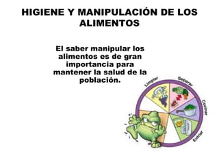 HIGIENE Y MANIPULACIÓN DE LOS
          ALIMENTOS

     El saber manipular los
      alimentos es de gran
        importancia para
     mantener la salud de la
           población.
 