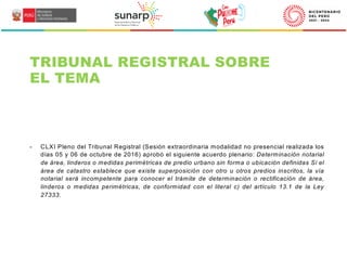 TRIBUNAL REGISTRAL SOBRE
EL TEMA
- CLXI Pleno del Tribunal Registral (Sesión extraordinaria modalidad no presencial realizada los
días 05 y 06 de octubre de 2016) aprobó el siguiente acuerdo plenario: Determinación notarial
de área, linderos o medidas perimétricas de predio urbano sin forma o ubicación definidas Si el
área de catastro establece que existe superposición con otro u otros predios inscritos, la vía
notarial será incompetente para conocer el trámite de determinación o rectificación de área,
linderos o medidas perimétricas, de conformidad con el literal c) del artículo 13.1 de la Ley
27333.
 
