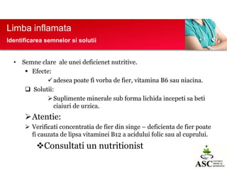 Limba inflamata
Identificarea semnelor si solutii

• Semne clare ale unei deficienet nutritive.
 Efecte:
 adesea poate fi vorba de fier, vitamina B6 sau niacina.
 Solutii:
 Suplimente minerale sub forma lichida incepeti sa beti
ciaiuri de urzica.

Atentie:
 Verificati concentratia de fier din singe – deficienta de fier poate
fi cauzata de lipsa vitaminei B12 a acidului folic sau al cuprului.

Consultati un nutritionist

 