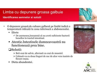 Limba cu depunere groasa galbuie
Identificarea semnelor si solutii
•

O depunere groasã,de culoare galbenã pe limbã indicã o
temperaturã ridicatã în zona inferioarã a abdomenului.
 Efecte
 De asemenea,înseamnã cã nu aveti suficiente bacterii
benefice în tractul intestinal.

 Atentie.Intestinele dumneavoastrã nu
functioneazã prea bine.
Solutii:
 Beti ceai de salvie, alternati cu ceai de musetel.
 Calmati-va cu doua linguri de suc de aloe vera inainte de
fiecare masa.

 Dieta abundentei.

 