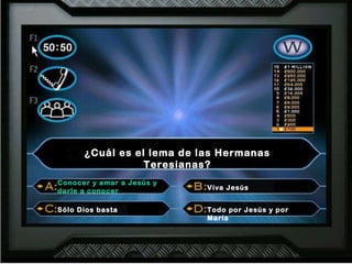 ¿Cuál es el lema de las Hermanas Teresianas? Conocer y amar a Jesús y darle a conocer Viva Jesús Sólo Dios basta Todo por Jesús y por María Conocer y amar a Jesús y darle a conocer 