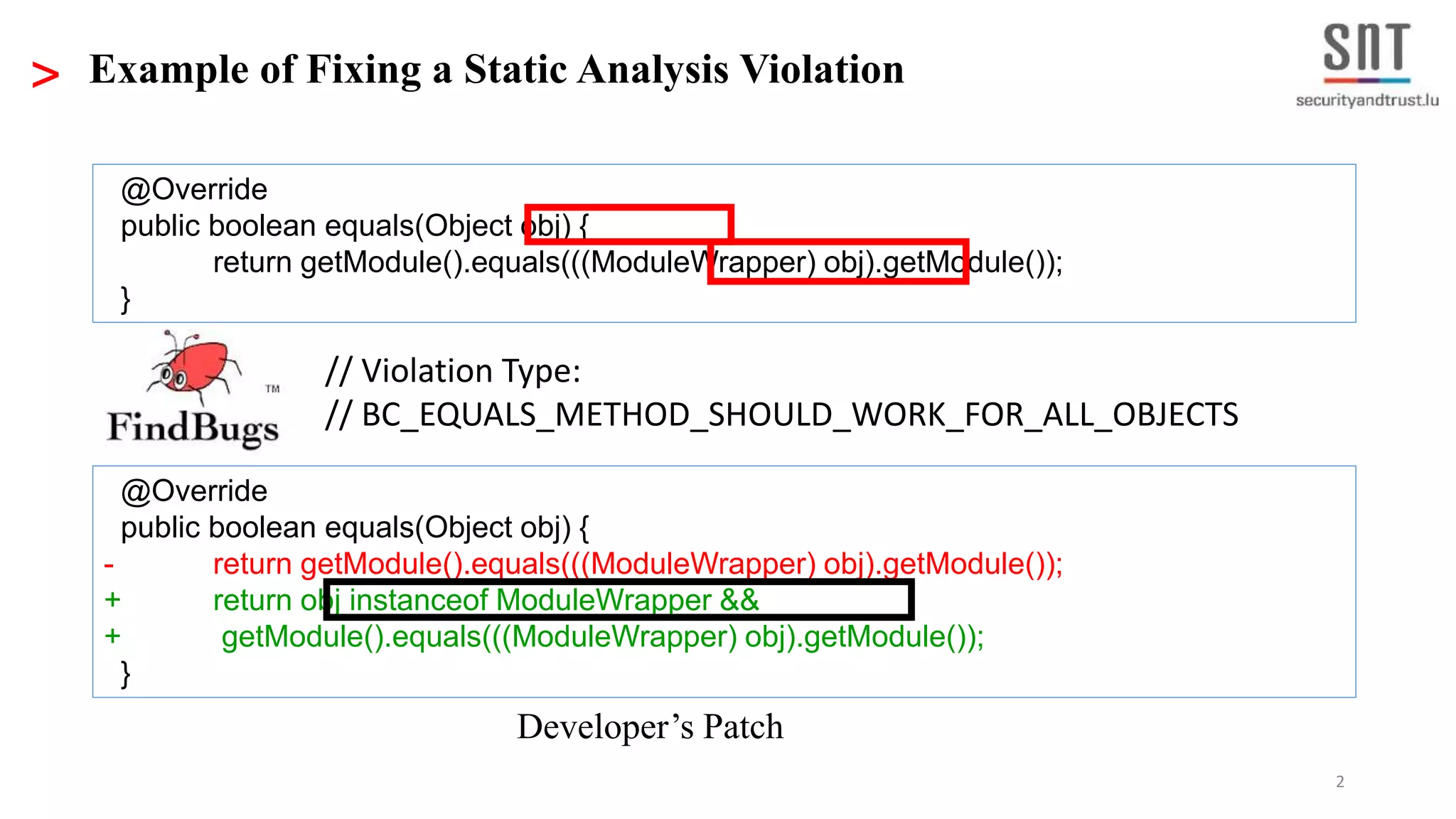 2 > Example of Fixing a Static Analysis Violation @Override public boolean equals(Object obj) { return getModule().equals(((ModuleWrapper) obj).getModule()); } // Violation Type: // BC_EQUALS_METHOD_SHOULD_WORK_FOR_ALL_OBJECTS @Override public boolean equals(Object obj) { - return getModule().equals(((ModuleWrapper) obj).getModule()); + return obj instanceof ModuleWrapper && + getModule().equals(((ModuleWrapper) obj).getModule()); } Developer’s Patch 