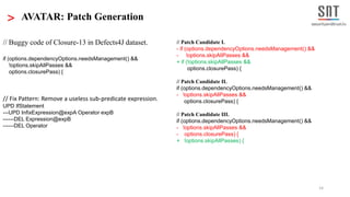 14
Patch CandidatesSelected
fix pattern
Patch Generation
Fault
Localization
Technique
Buggy Program
Passing
tests
tests
Fa...