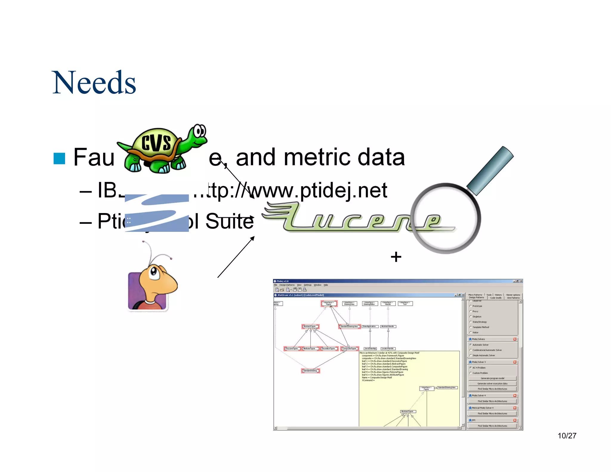 10/27
Needs
 Fault, change, and metric data
– IBDOOS, http://www.ptidej.net
– Ptidej Tool Suite
+
 