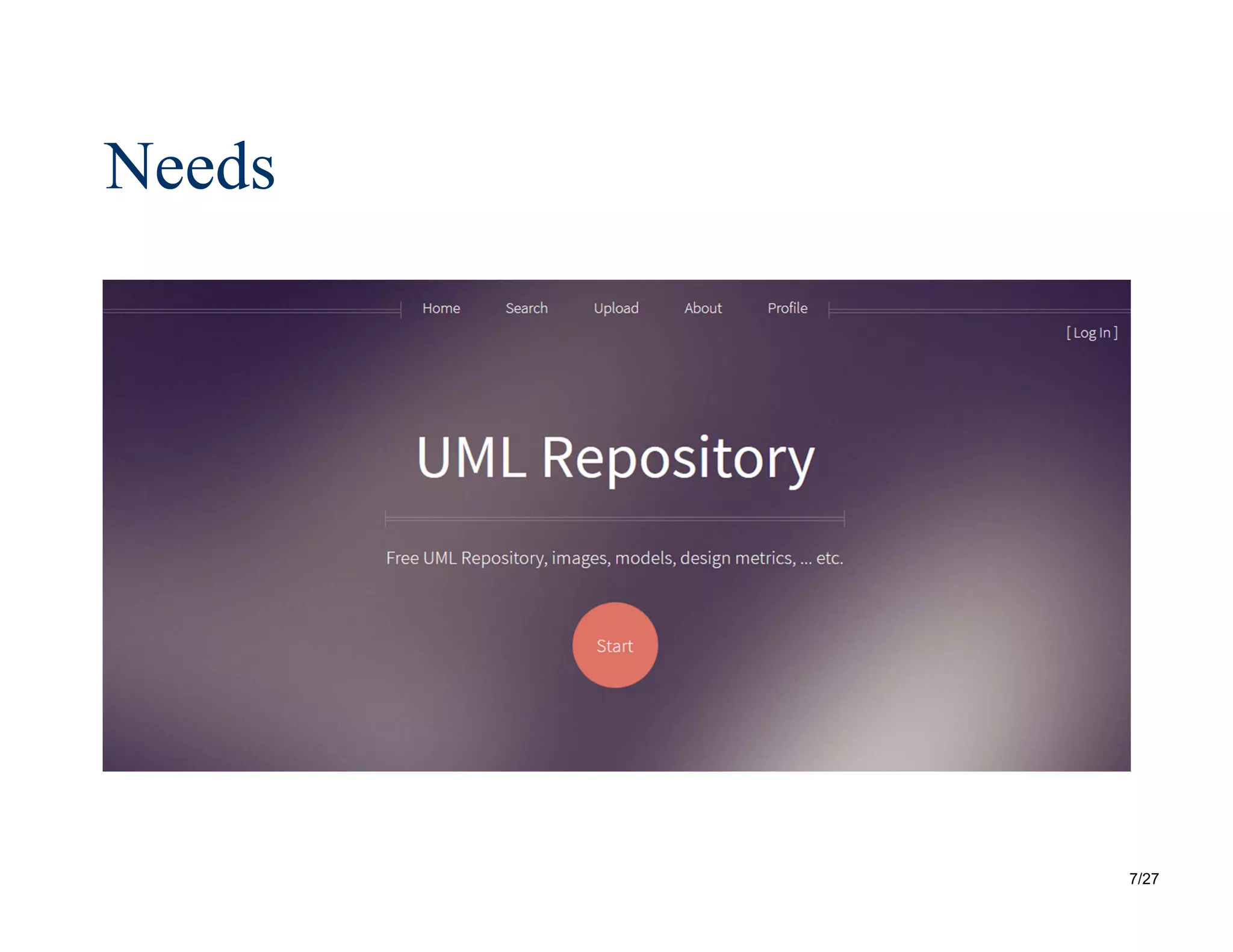 7/27
Needs
 Software development design models
– UML Repository: http://models-db.com
 