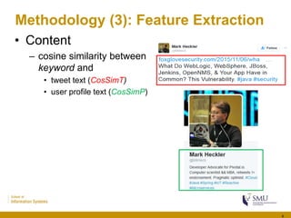 Methodology (3): Feature Extraction
• Content
– cosine similarity between
keyword and
• tweet text (CosSimT)
• user profil...