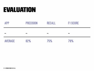 Evaluation
App Precision Recall F1 Score
... ... ... ...
Average 82% 75% 78%
16 — Giovanni Grano @ s.e.a.l.
 