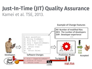 Just-In-Time (JIT) Quality Assurance
Prediction ModelDevelopers
Example of Change Features
Still
Fresh
Low
Risk
High Risk
AcceptedSoftware Changes
4: file = fopen(fileName);
5: if(file == null)
6: return true; Risk
0.90
Try Again!!
NF: Number of modiﬁed ﬁles
DEV: The number of developers
EXP: Developer experience
1:bool existFile(
2: String fileName){
3: File file = null;
4: file = fopen(fileName);
5: if(file == null)
6: return true;
7: else
8: return false;
9:}
Kamei et al. TSE, 2013.
 