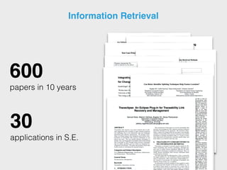 Information Retrieval
600
papers in 10 years
30
applications in S.E.
 