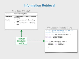 Use Case Insert Laboratory Data
Description The user inserts the data of a specific
laboratory
Events 1. The user opens the Laboratory
GUI
2. The user inserts the Laboratory
data
.
.
.
/* *This class implements the GUI for
managing laboratories data */
public class GUI Laboratory Data {
private j Frame window;
private j Button insert;
...
public GUI Laboratory Data(){
window = new JFrame();
insert = new JButton();
...
}
...
}
GUILaboratoryData.java
Information Retrieval
Use Case UC 11.4
Textual
Similarity
= 42%
 