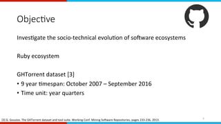 Objec0ve
InvesEgate	the	socio-technical	evoluEon	of	soAware	ecosystems	
	
Ruby	ecosystem		
GHTorrent	dataset	[3]	
•  9	year	Emespan:	October	2007	–	September	2016	
•  Time	unit:	year	quarters	
[3]	G.	Gousios.	The	GHTorrent	dataset	and	tool	suite.	Working	Conf.	Mining	SoAware	Repositories,	pages	233-236,	2013.	 5	
 
