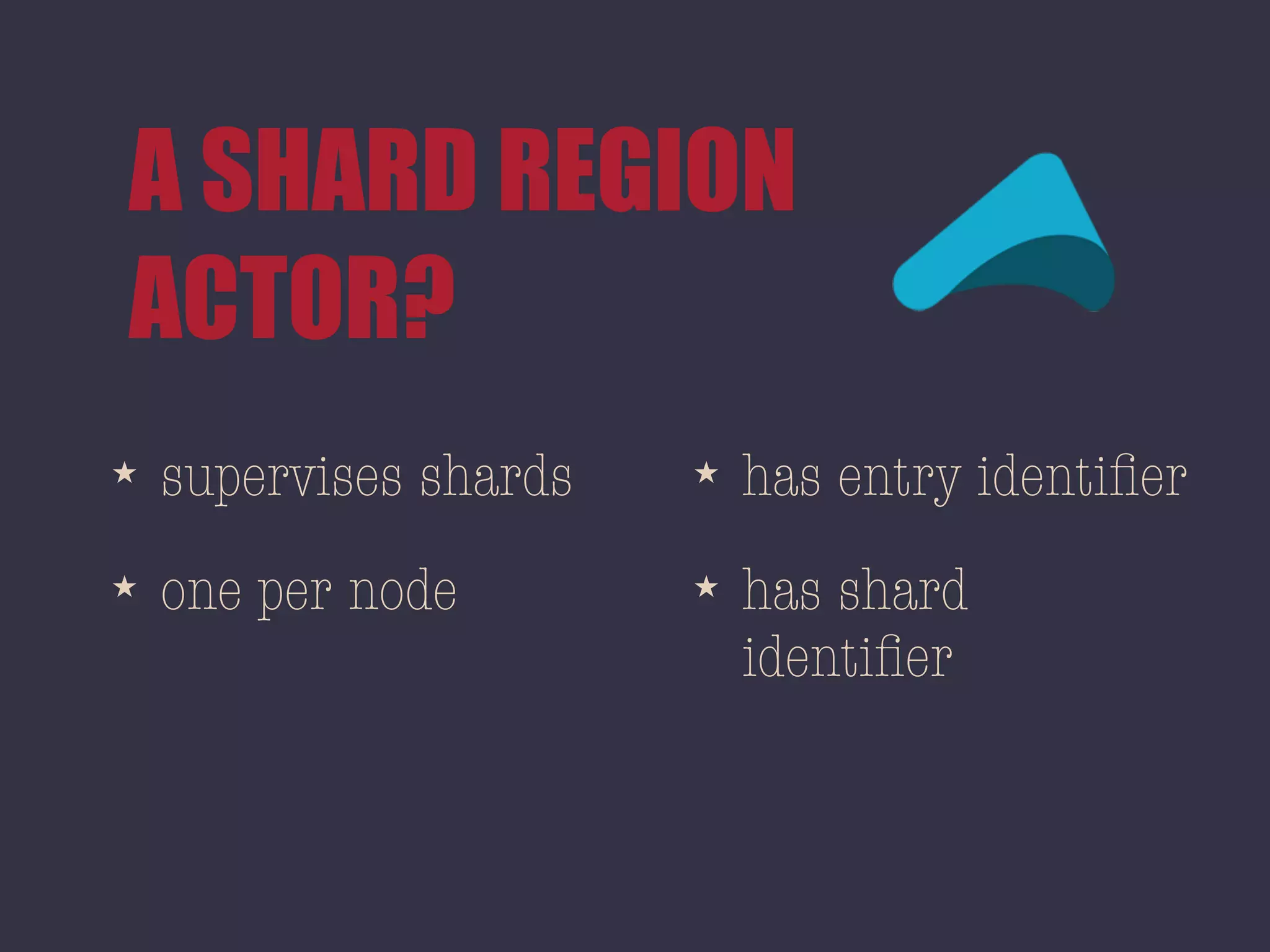 A SHARD REGION
ACTOR?
★ supervises shards
★ one per node
★ has entry identiﬁer
★ has shard
identiﬁer
 