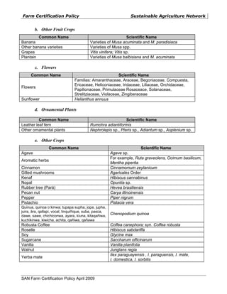 Farm Certification Policy                                          Sustainable Agriculture Network


        b. Other Fruit Crops
          Common Name                                             Scientific Name
Banana                                     Varieties of Musa acuminata and M. paradisiaca
Other banana varieties                     Varieties of Musa spp.
Grapes                                     Vitis vinifera; Vitis sp.
Plantain                                   Varieties of Musa balbisiana and M. acuminata

        c. Flowers
      Common Name                                         Scientific Name
                                 Familias: Amaranthaceae, Araceae, Begoniaceae, Compuesta,
                                 Ericaceae, Heliconiaceae, Iridaceae, Liliaceae, Orchidaceae,
Flowers
                                 Papilionaceae, Primulaceae Rosaceace, Solanaceae,
                                 Strelitziaceae, Violaceae, Zingiberaceae
Sunflower                        Helianthus annuus

        d. Ornamental Plants

          Common Name                                          Scientific Name
Leather leaf fern                          Rumohra adiantiformis
Other ornamental plants                    Nephrolepis sp., Pteris sp., Adiantum sp., Asplenium sp.

        e. Other Crops
                 Common Name                                              Scientific Name
Agave                                                   Agave sp.
                                                        For example, Ruta graveolens, Ocimum basilicum,
Aromatic herbs
                                                        Mentha piperita
Cinnamon                                                Cinnamomum zeylanicum
Gilled mushrooms                                        Agaricales Order
Kenaf                                                   Hibiscus cannabinus
Nopal                                                   Opuntia sp.
Rubber tree (Pará)                                      Hevea brasiliensis
Pecan nut                                               Carya illinoinensis
Pepper                                                  Piper nigrum
Pistachio                                               Pistacia vera
Quinua, quinoa o kinwa; tupapa supha, jopa, jupha,
juira, ära, qallapi, vocal, linquiñique, suba, pasca,
dawe, sawe, chichiconwa, ayara, kiuna, kitaqañiwa,
                                                        Chenopodium quinoa
kuchikinwa, kiwicha, achita, qañiwa, qañawa
Robusta Coffee                                          Coffea canephora; syn. Coffea robusta
Roselle                                                 Hibiscus sabdariffa
Soy                                                     Glycine max
Sugarcane                                               Saccharum officinarum
Vanilla                                                 Vanilla planifolia
Walnut                                                  Junglans regia
                                                        Ilex paraguayensis , I. paraguensis, I. mate,
Yerba mate
                                                        I. domestica, I. sorbilis



SAN Farm Certification Policy April 2009
 