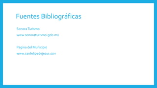 Fuentes Bibliográficas
SonoraTurismo
www.sonoraturismo.gob.mx
Pagina del Municipio
www.sanfelipedejesus.son
 