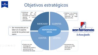 • Ser reconocida por su
labor en el aspecto
social de los países que
opera
Objetivos estratégicos
•Incrementar las
ventas en un 10%
para todo su
portafolio
•Contar con una
estrategia de
reducción de costos y
aprovechando las
economías de escala
•Fidelizar a los clientes
para construir las
relaciones de largo
plazo con ellos
•Continuar con el
liderazgo de San
Fernando en el Perú e
ingresar a nuevos
mercado
internacionales
MERCADO CLIENTES
VENTAS
COSTOS
RESPONSABILIDAD
SOCIAL
 