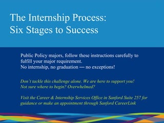 The Internship Process:
Six Stages to Success
Public Policy majors, follow these instructions carefully to
fulfill your major requirement.
No internship, no graduation — no exceptions!
Don’t tackle this challenge alone. We are here to support you!
Not sure where to begin? Overwhelmed?
Visit the Career & Internship Services Office in Sanford Suite 257 for
guidance or make an appointment through Sanford CareerLink
 