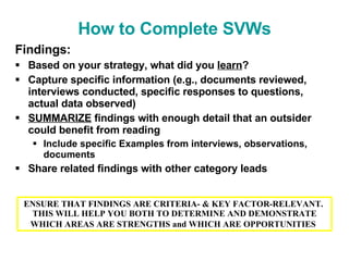 How to Complete SVWs Findings: Based on your strategy, what did you  learn ? Capture specific information (e.g., documents reviewed, interviews conducted, specific responses to questions, actual data observed) SUMMARIZE  findings with enough detail that an outsider could benefit from reading Include specific Examples from interviews, observations, documents Share related findings with other category leads ENSURE THAT FINDINGS ARE CRITERIA- & KEY FACTOR-RELEVANT.  THIS WILL HELP YOU BOTH TO DETERMINE AND DEMONSTRATE WHICH AREAS ARE STRENGTHS and WHICH ARE OPPORTUNITIES   