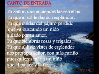 CANTO DE ENTRADA 
Tú Señor, que enciendes las estrellas 
Tú que al sol le das su resplandor, 
Tú que cuidas del pájaro per...